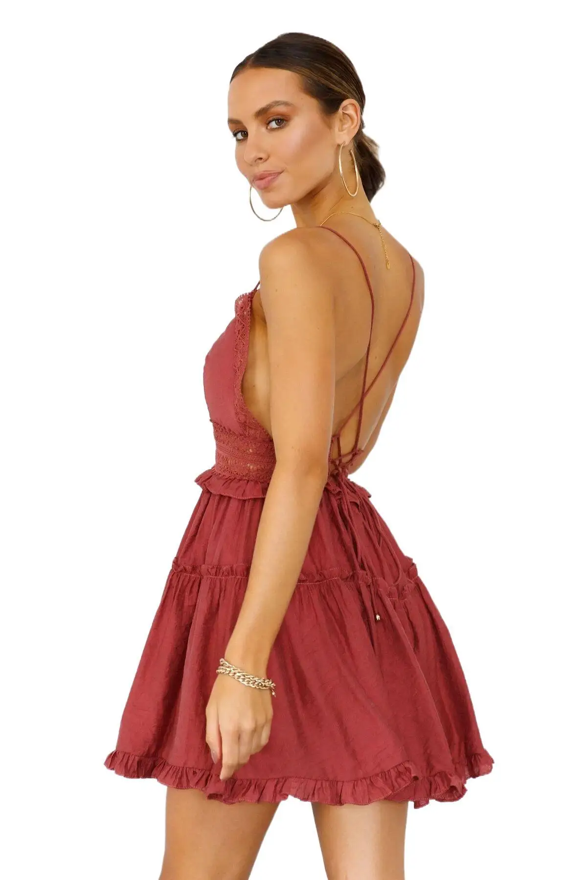

2021 European and American summer new sexy halter lace stitching dress women