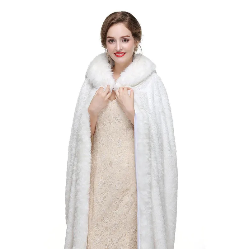Длинная накидка из искусственного меха белая свадебная с капюшоном для невесты