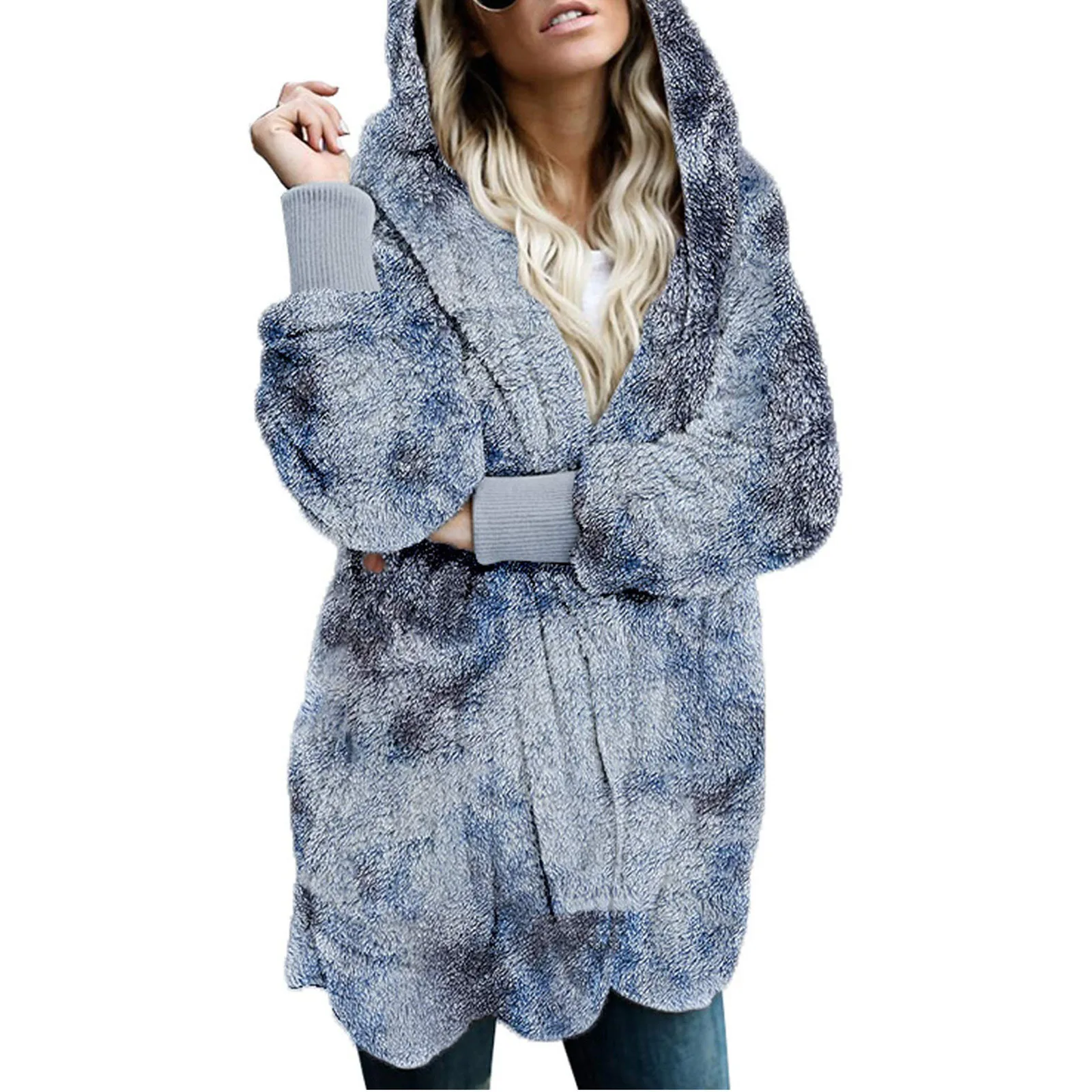 

Winter New Thickened Tie Dyed Plush Coat Women's Mid Long Hooded Cardigan Coat