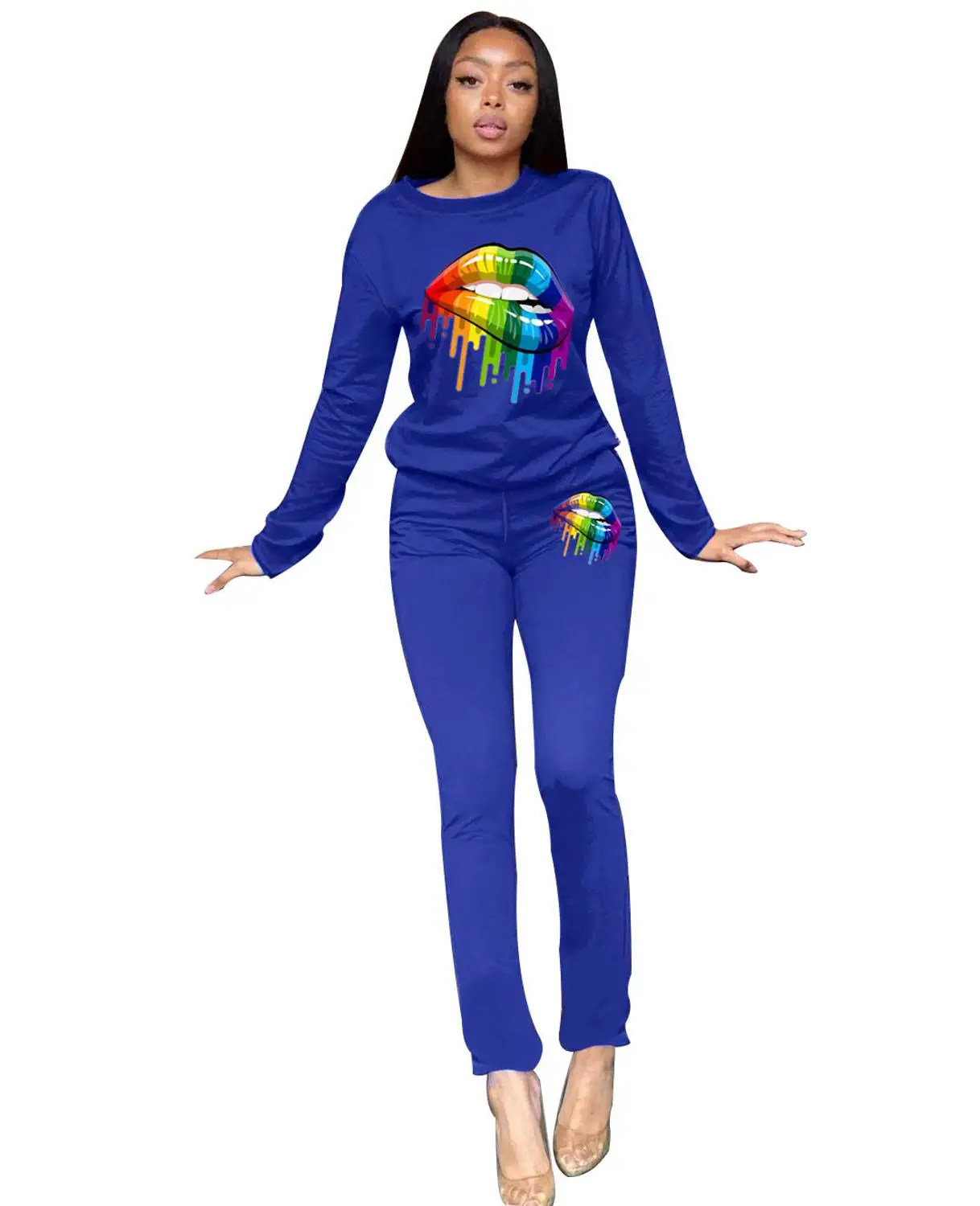 

Loungewear Women Autumn Winter Lip Printting Long Sleeve Top Trousers Jogger Sportswear Two Piece Set Women