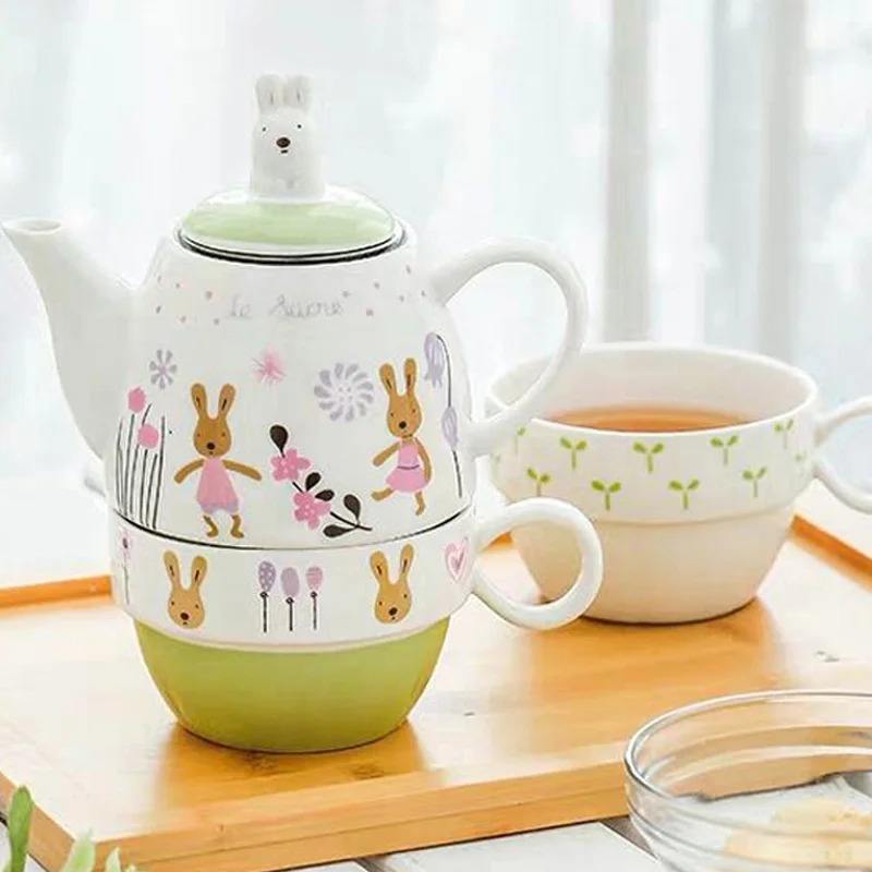 Мультяшный чайный набор один чайник и две чашки керамический для