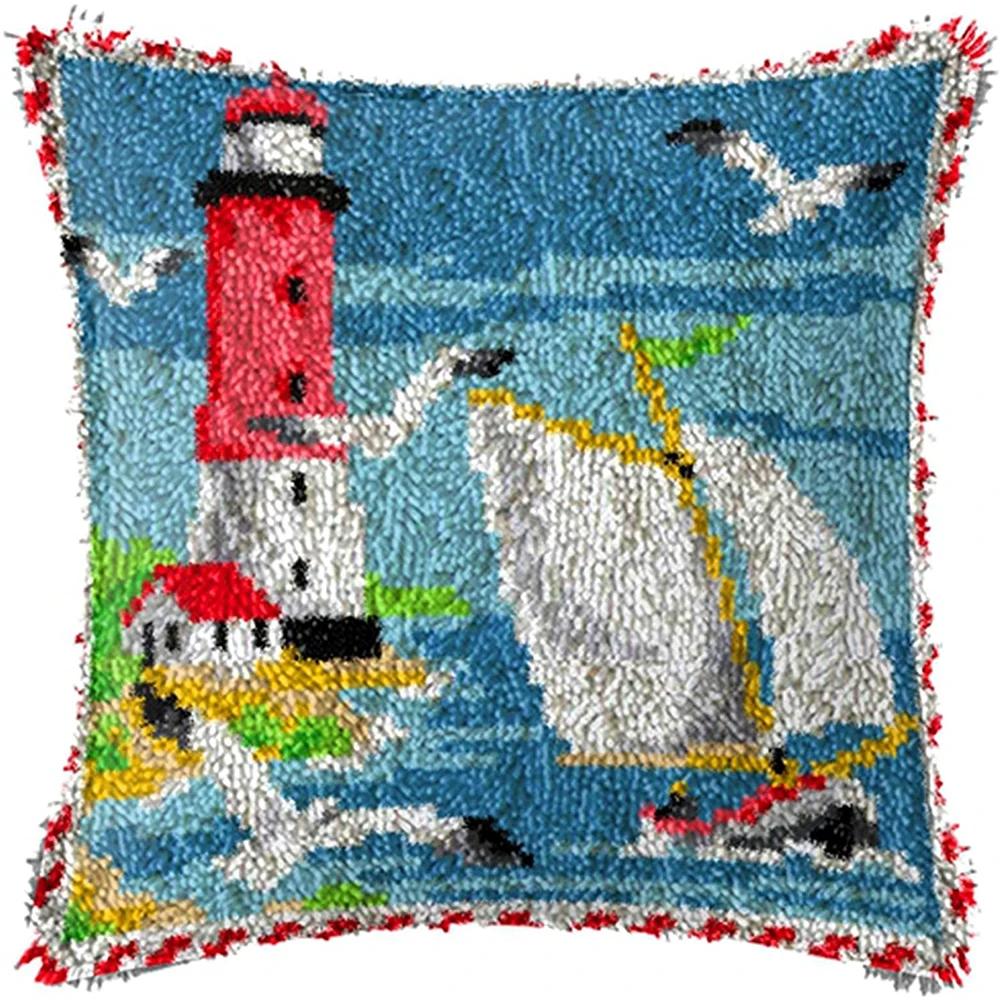 

Latch hook cushion Crafts for adults Cross stitch embroidery on printed canvas Unfinished accessories Lighthouse Handcrafts