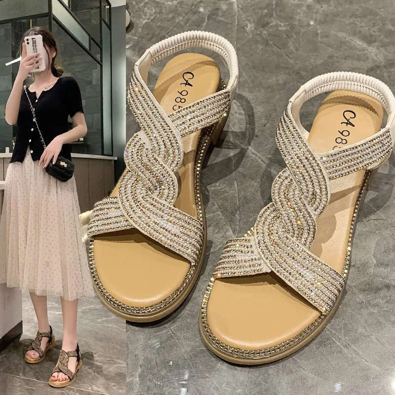 

2021 Spring and Summer New Fashion Comfortable Soft Bottom Wedge Fashion Sandals Women's Rhinestone Beach Shoes