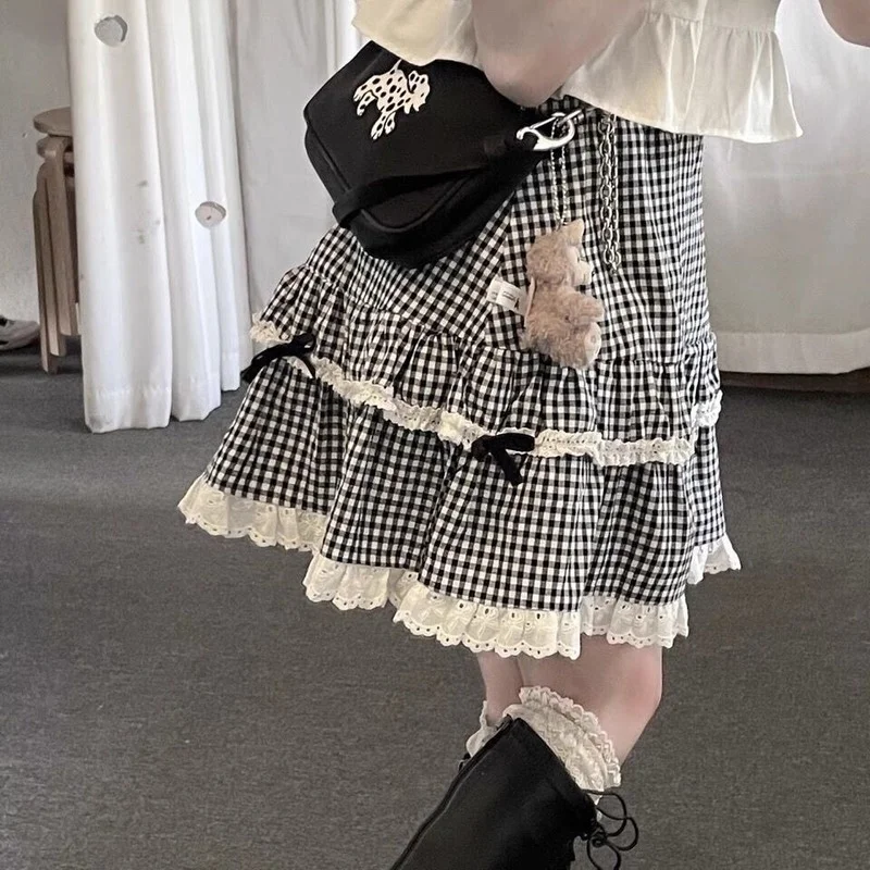 

FAKUNTN Kawaii Plaid Skirt Women Ruffle Lace Patchwork Bow High Waist Lolita Skirt Harajuku Egirl Streetwear Japanese Soft Girl