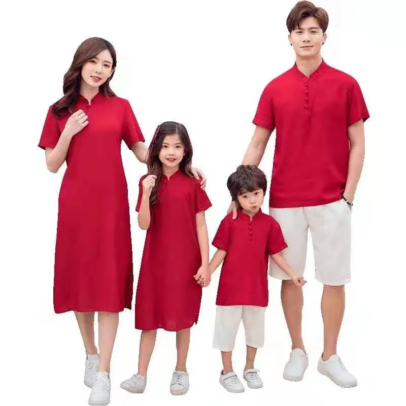 

Parent-child Wear 2022 Summer New Chinese Style Cheongsam Cotton And Linen Family Three-port Four Mother-daughter Dress Retro Ti