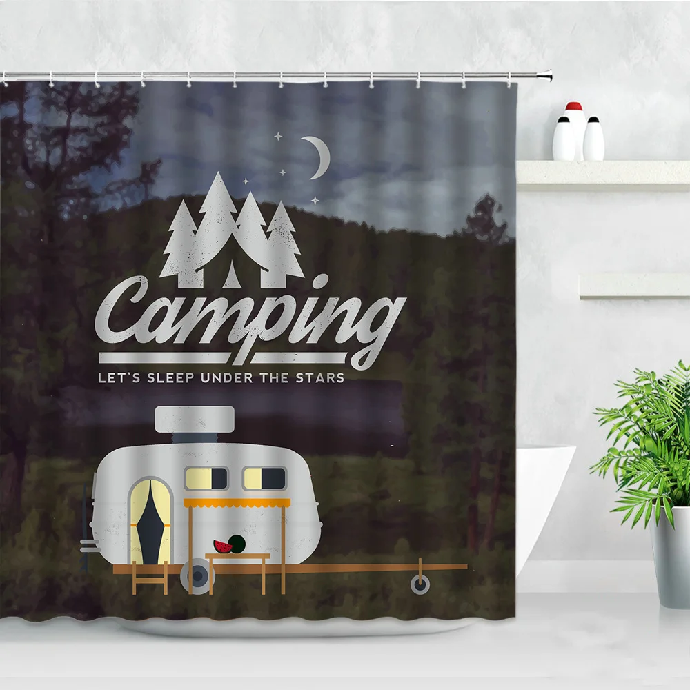 creative camper shower curtains pine touring car wood board backdrop printing waterproof decor screen hooks bathroom curtain set free global shipping