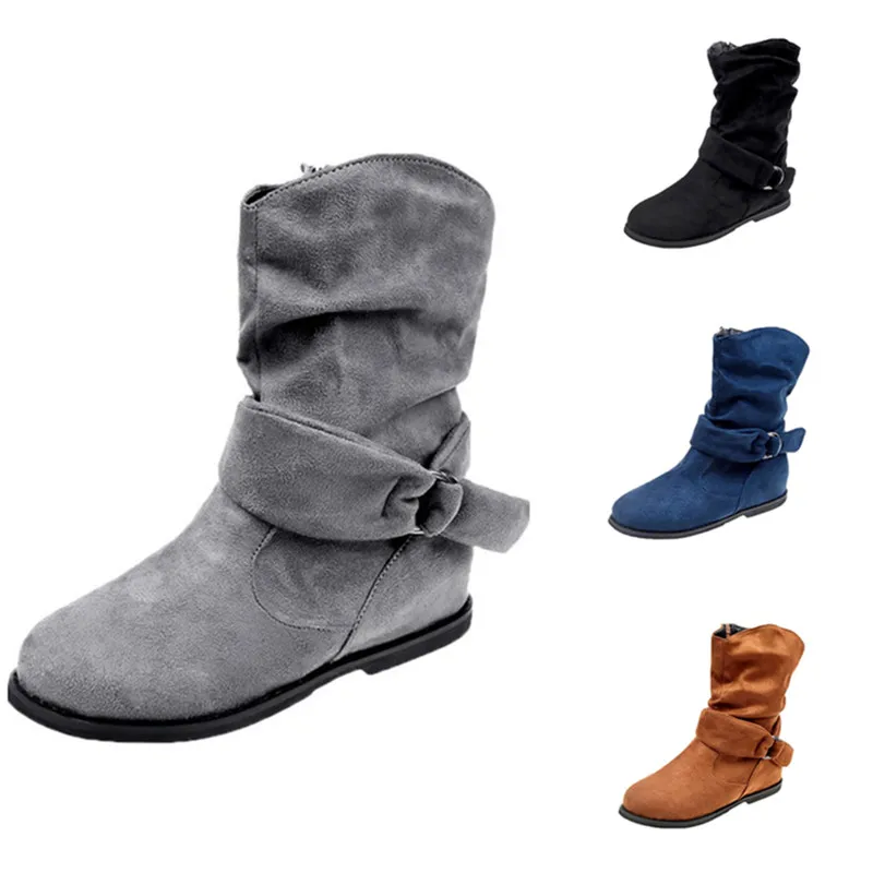 

Women's Suede Flat Short Boots Large Size Multicolor Side Zipper Wear Casual Ankle Boots Fashion All-match Metal Buckle Boots