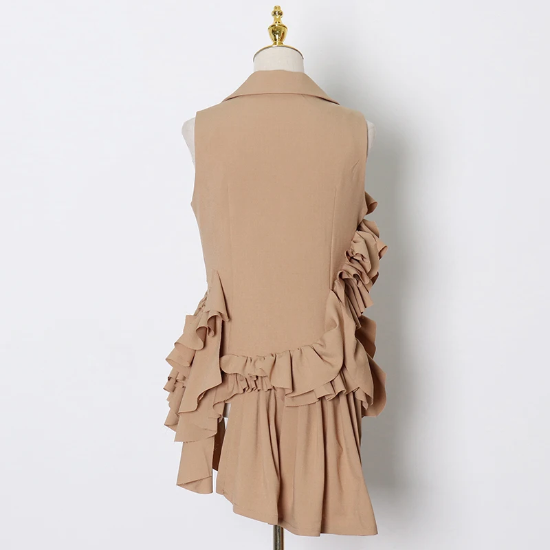 

Solid Elegant Two Piece Set For Women Lapel Sleeveless Tops High Waist Shorts Patchwork Ruffle Sets Female Fashion