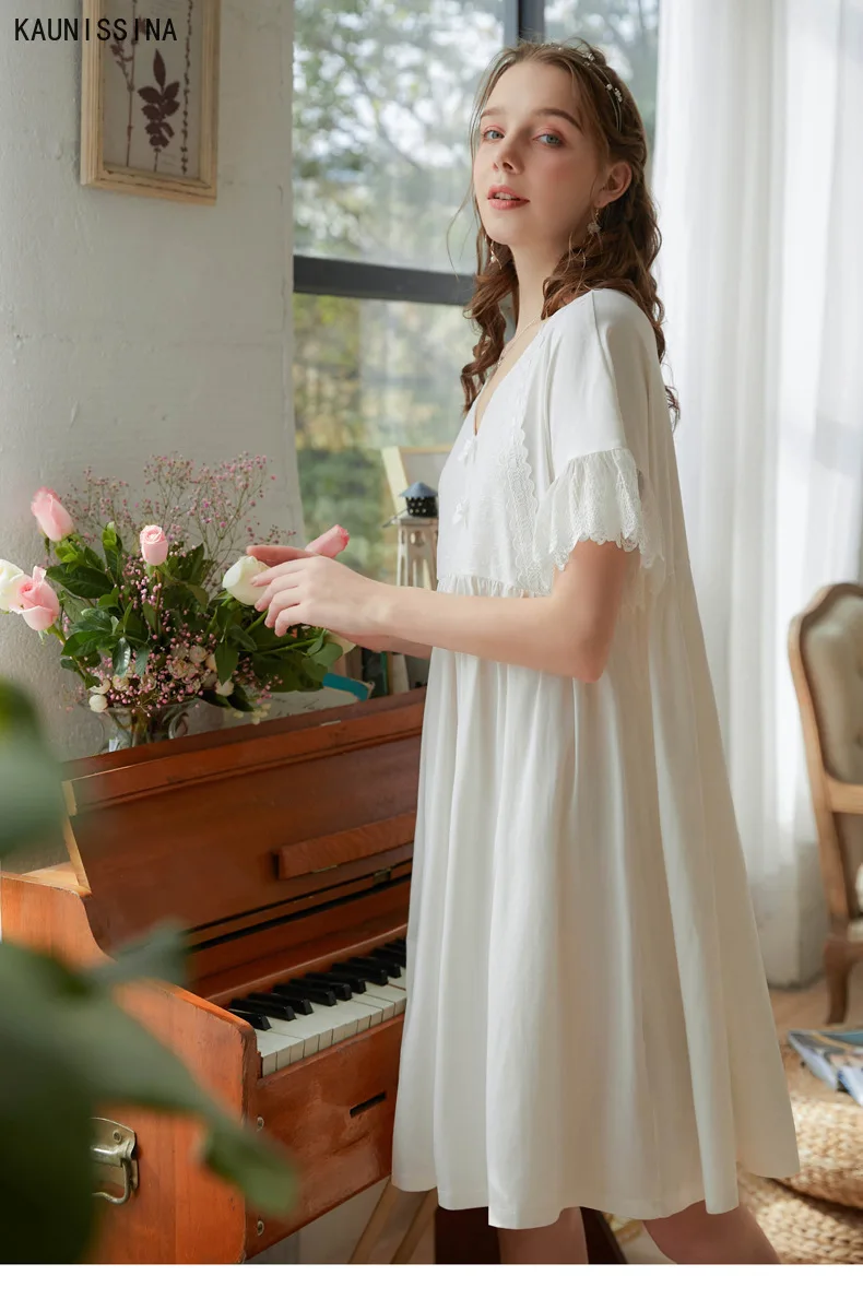 

100% Cotton Nightdress Women Short Sleeve Summer Sleepwear Sweet Retro Lace Short Princess Style Nightgown Loose Night Dress