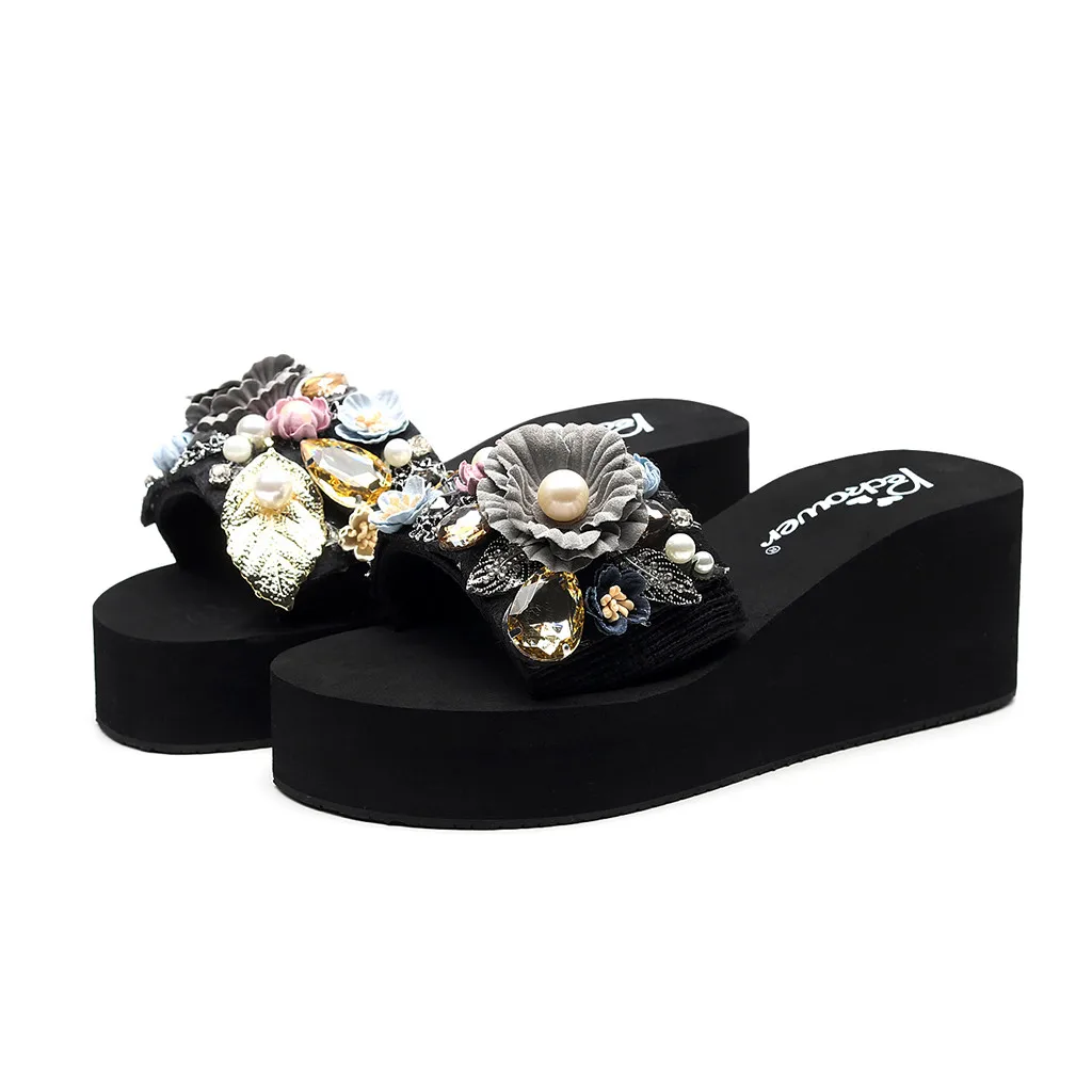 Женские летние тапочки привлекательные женские туфли на танкетке с кристаллами