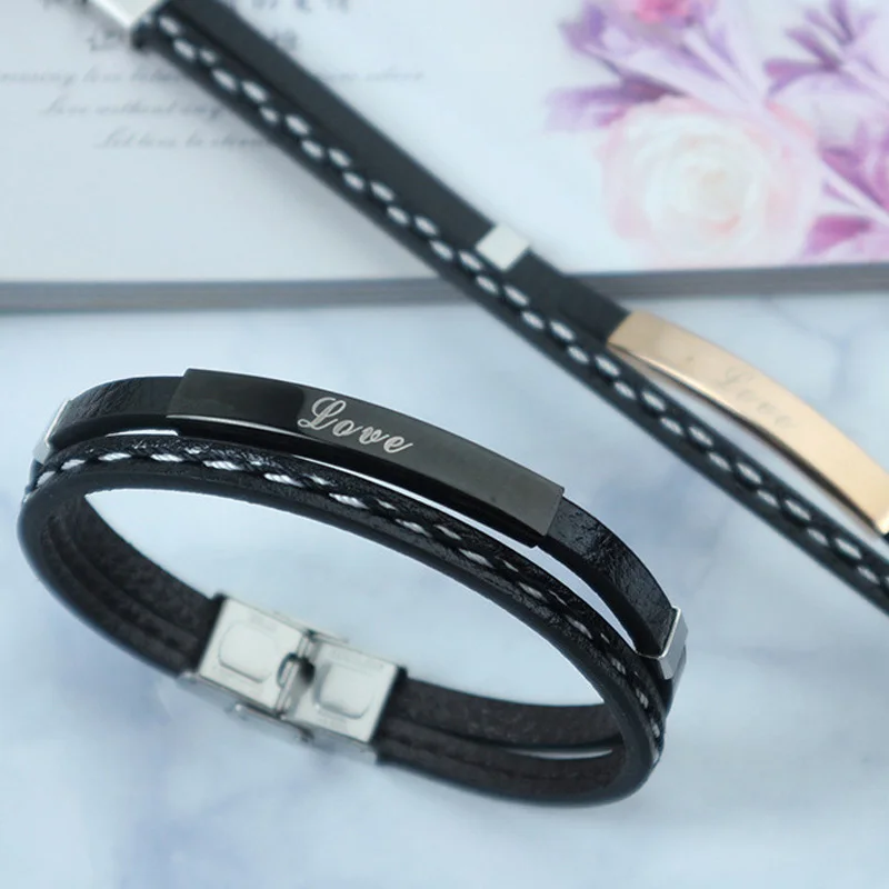 Многослойные кожаные браслеты для мужчин и женщин гравировальные из нержавеющей