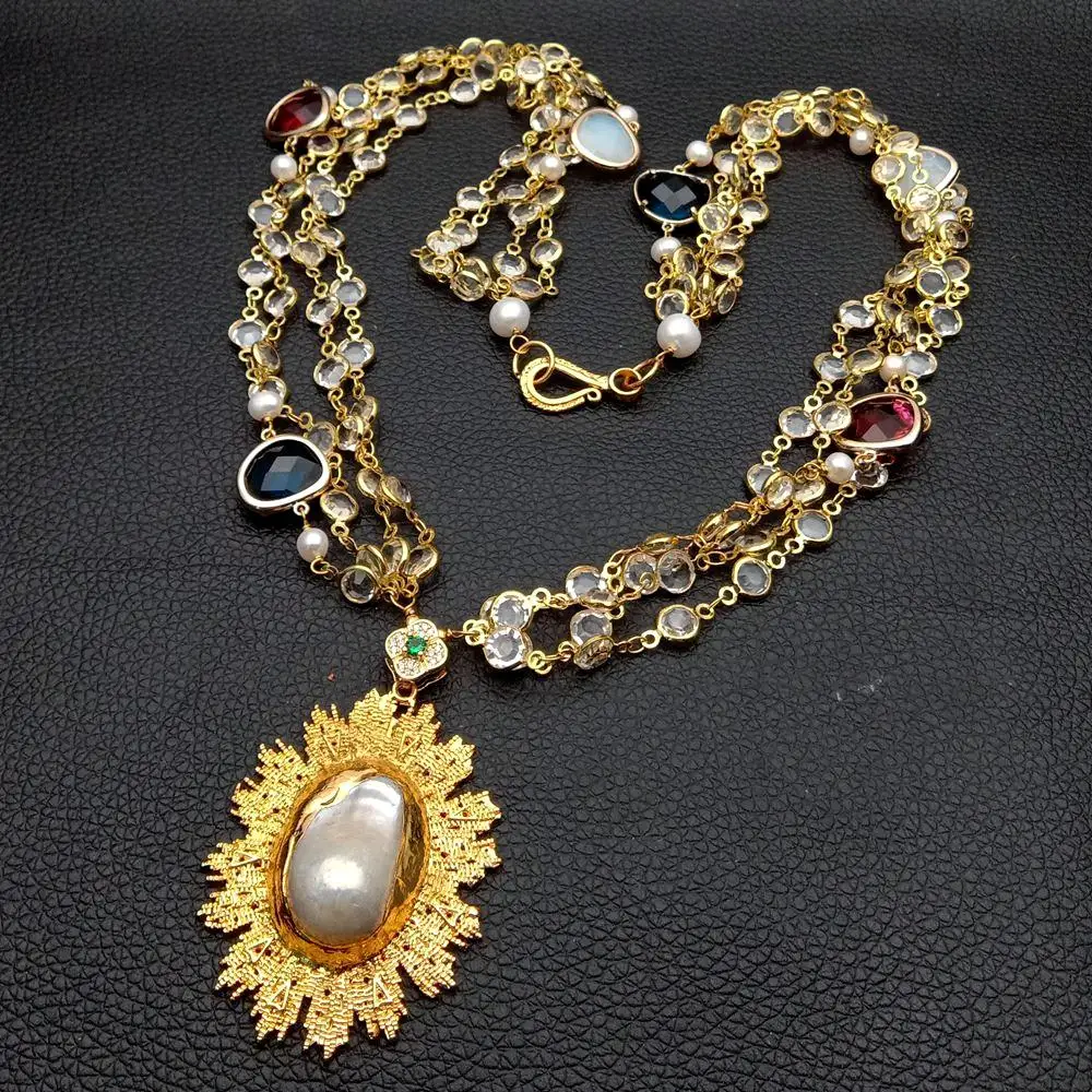 23'' 4 Strands white Crystal pave Chain Necklace Yellow Gold color Plated Keshi Pearl Pendant necklace for women party|Подвески| |