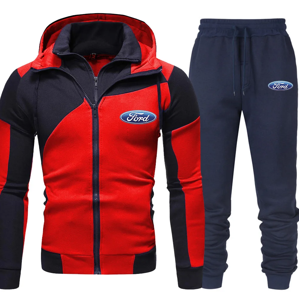 

Spring And Autumn Men's Ford Car Logo Patchwork Jacket + Pants 2 Piec Sets Tracksuit Hooded Casual Fashion Long Sleeve Sportsuit