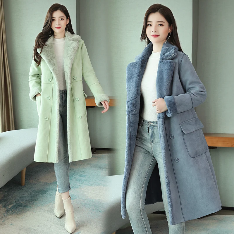 Winter Long Suede Faux Leather Jacket Women Plus Size Female Green Blue Warm Suede Jacket Woman Coat Ladies Windbreaker Oversize