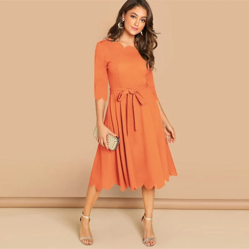 Элегантное платье с фестонным краем облегающее Для женщин бордовый 3/4 длинным