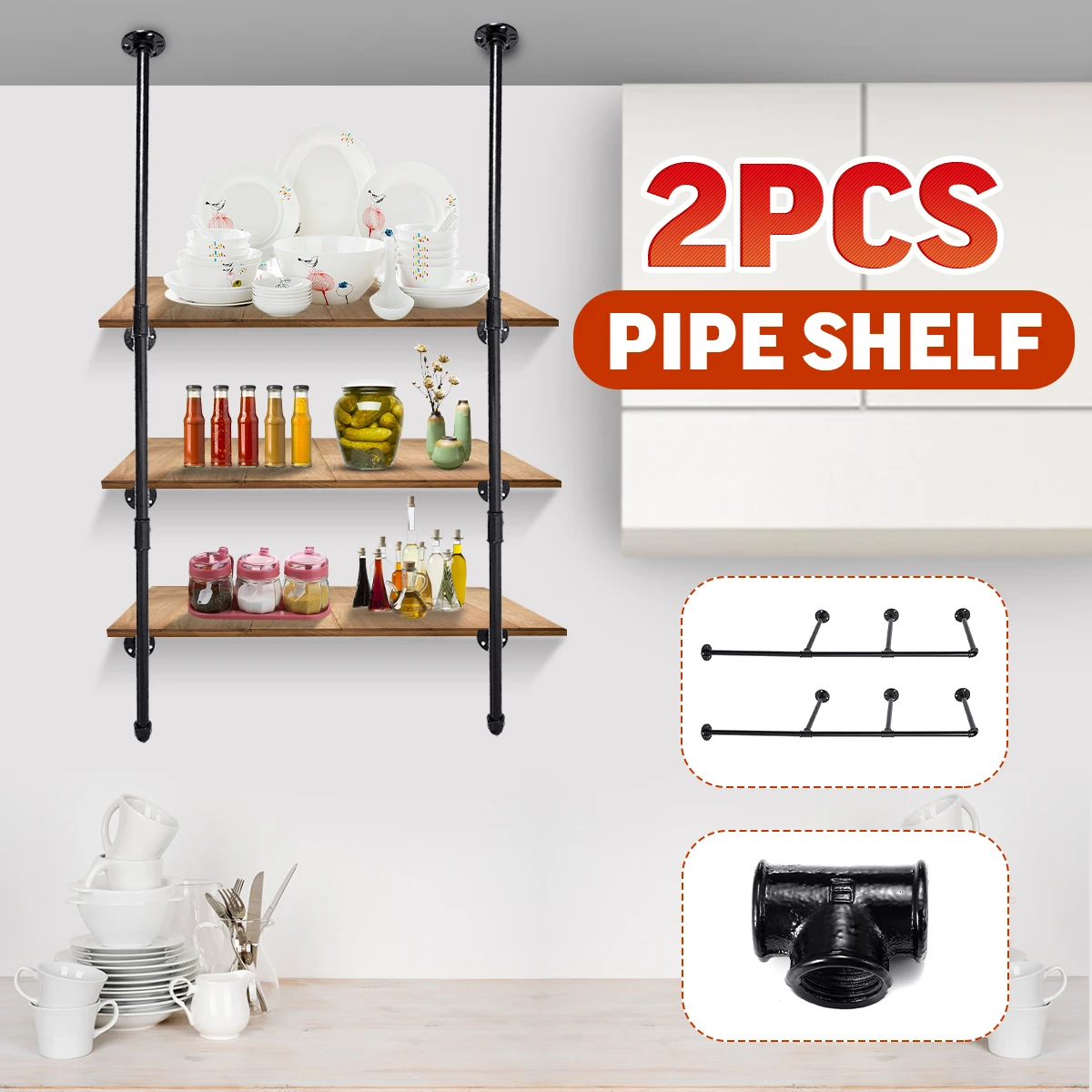 

2pcs 3 layer DIY Industrial Retro Style Bookshelf Wall Ceiling Mounted Storage Shelves Bracket Black Iron Pipe Shelf Home Decor