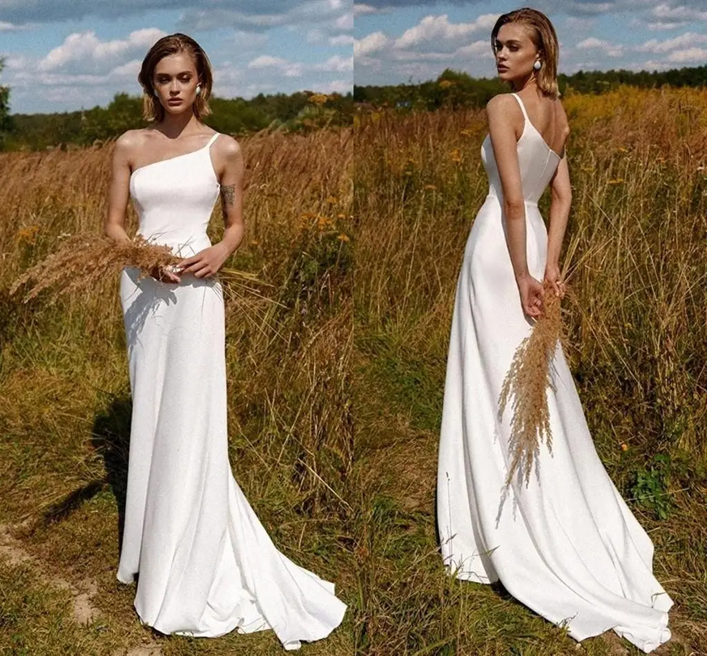 

Plus Size Bohemian Simple Country Style Slim Wedding Dress Bridal Gowns Satin Strap One Shoulder Sweep Train Bride Dresses