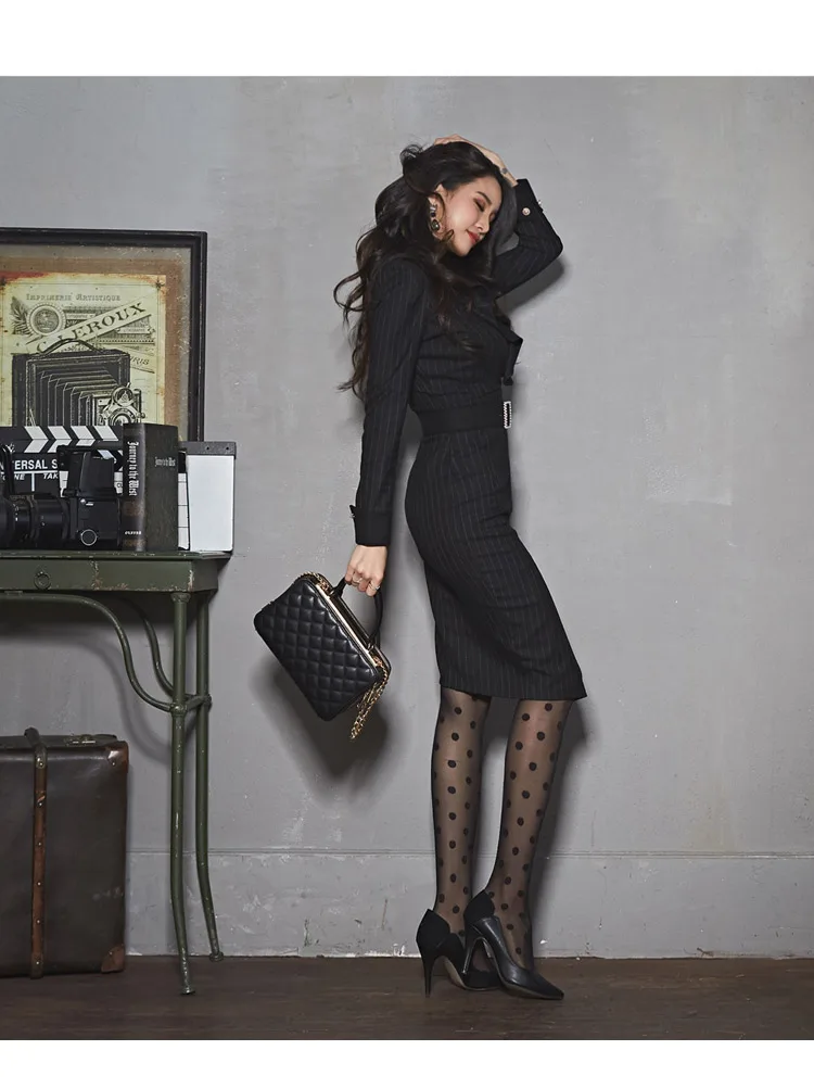 Office Lady Dress Autumn High Waist Slim Striped Stitching Black Long Sleeve V-Neck Ruffle Elegant Party Dress Women
