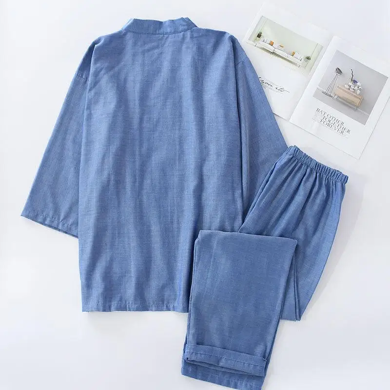 

Spring Summer New Kimono Cardigan Pajamas Set Men's Japanese Kimono Yukata Causal Double Gauze Home Service Bath Clothes