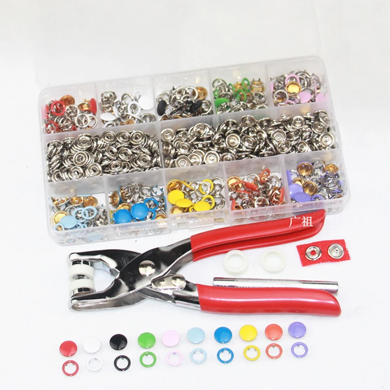 

Plier Tool + 100/200 Set 10 Color Metal Sewing Buttons Hollow/Solid Prong Press Studs Snap Fasteners for Installing Clothes Bags