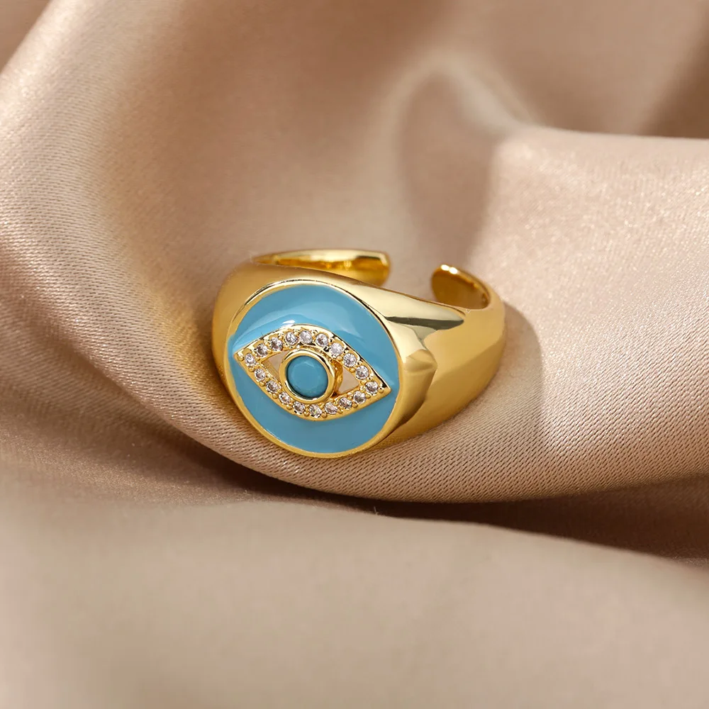 

Colorful Lucky Evil Eye Rings For Women Stainless Steel Open Adjustable Ring Vintage Female Cubic Zirconia Jewerly anillos mujer