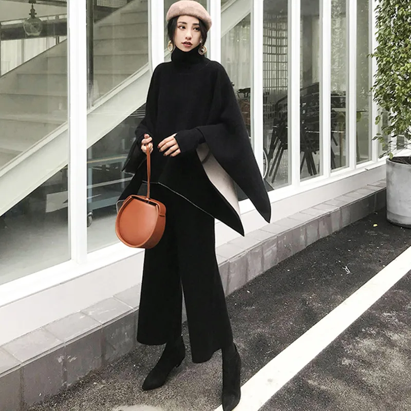 

SMTHMA 2022 New Winter Two Pieces Set Warm Turtleneck Loose Cloak Coat +High Waist Woolen Wide Leg Pants Suit