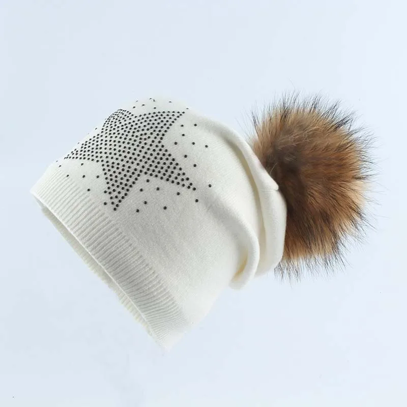 2019 зимняя женская шапка с натуральным мехом помпонами теплая шерстяная вязаная