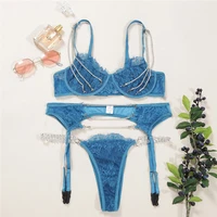 women underwear three piece sexy lace ultra thin push up bra set with crystal chain brasg stringgarter belt lingerie pants set