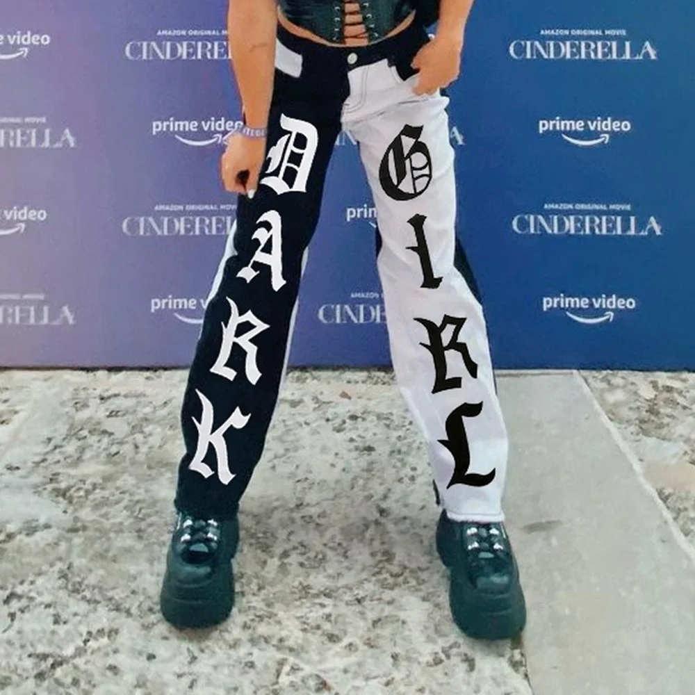 

Goth Print Grunge Jeans E Girl Techwear Contrast Patchwork Chic Straight Cargo Pants Women High Waist Denim Trousers
