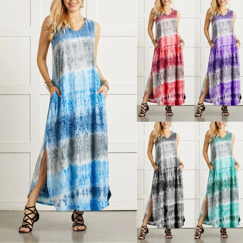 

Vintage Sexy Women's Tie-dye Print Split Irregular Hem V-neck Sleeveless Long Dress Summer Big Swing Beach Party Mooie Jurk