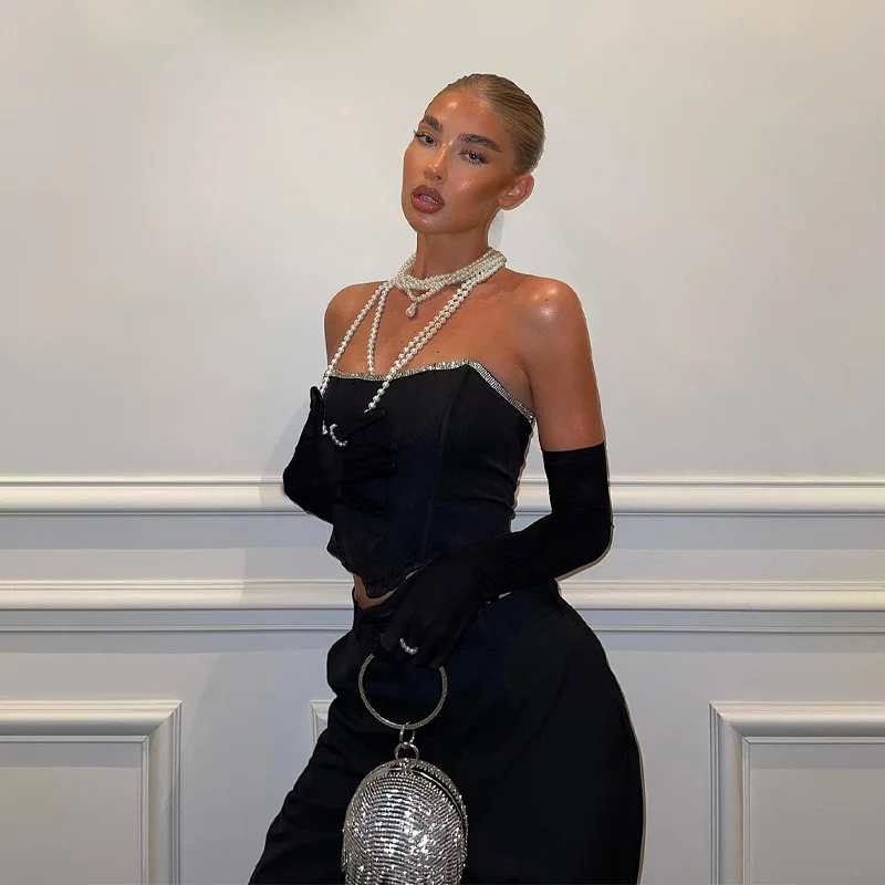 

Zoctuo Bling Stripe Patchwork Tube Corset Tanks Long Gloves Skinny Sexy Streetwear Party Club 2021 Autumn Winter Clothes Tops