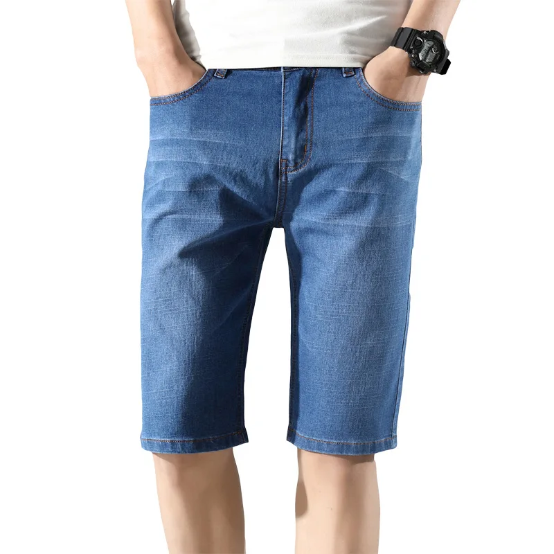 

Pantalones cortos de tela vaquera para hombre, Jeans rectos y sueltos, Q57de corte fino, elsticos, ajustados, de negocios
