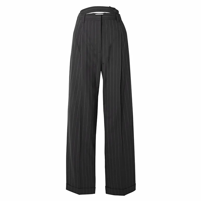 

[DEAT] High Elastic Waist Trousers New Slim Fit Pants Women Black Striped Button Fly Office Lady Fashion Tide Summer 2021 CX8701