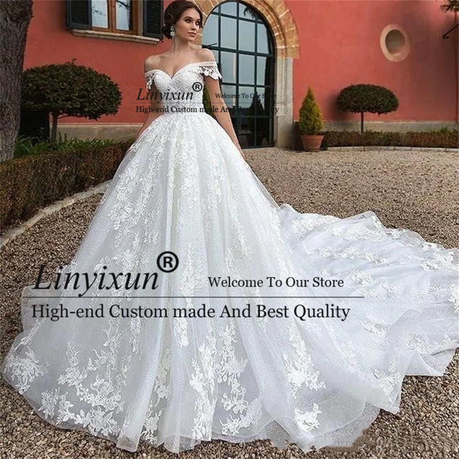 

Скромное Свадебное платье принцессы А-силуэта 2022 кружевные свадебные платья со шлейфом с аппликацией и открытыми плечами