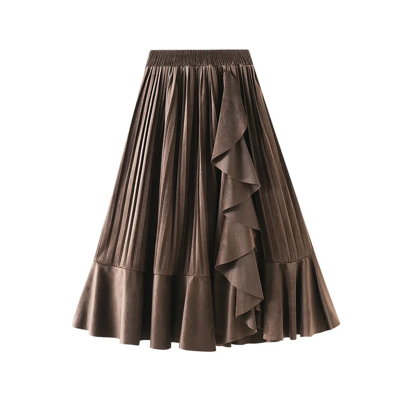 

2022 Winter New Simple Solid Color Ruffled Irregular Skirt Casual Elastic High Waist Slim Women Pleated Long Skirt Free Shipping