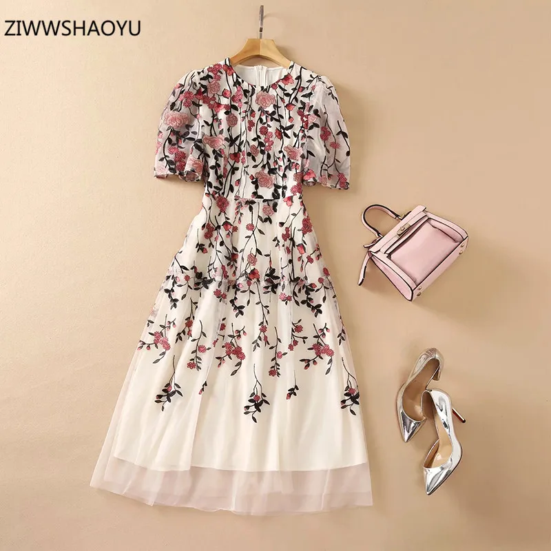 

ZIWWSHAOYU Summer Fashion Woman Elegant Midi Dress O-Neck Half Sleeve Floral Net Yarn Embroidery High Waist Slim A-Line Dresses