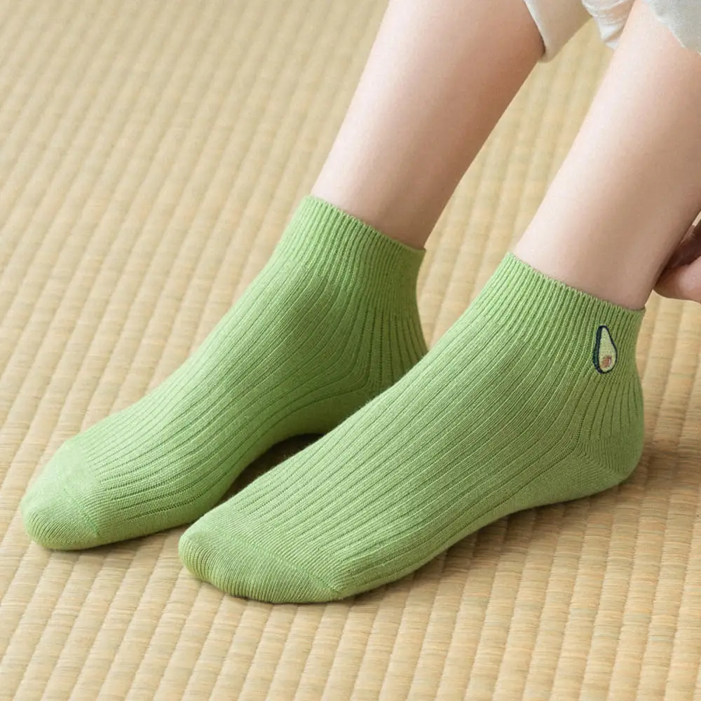 

Hot sale Solid Avocado Embroidery Socks Casual soft Cotton Short Socks For Ladies Concise College Style Breathable Sox Trendy
