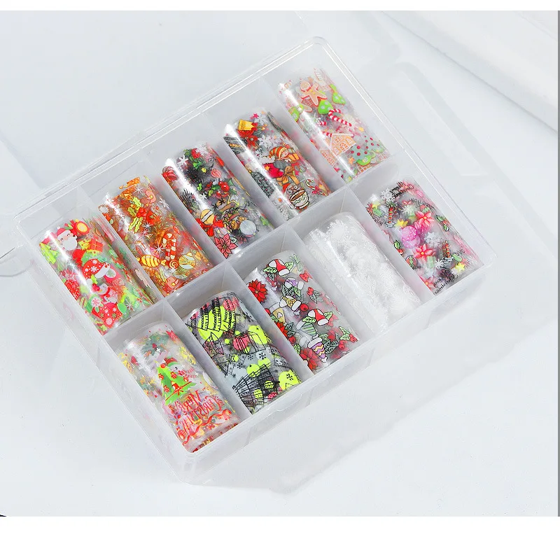 10Pcs/Box Festival Mix Colorful Art Transfer Nail Foil Santa Adhesive Paper And Halloween Holographic Decal Manicure Decorations | Красота и