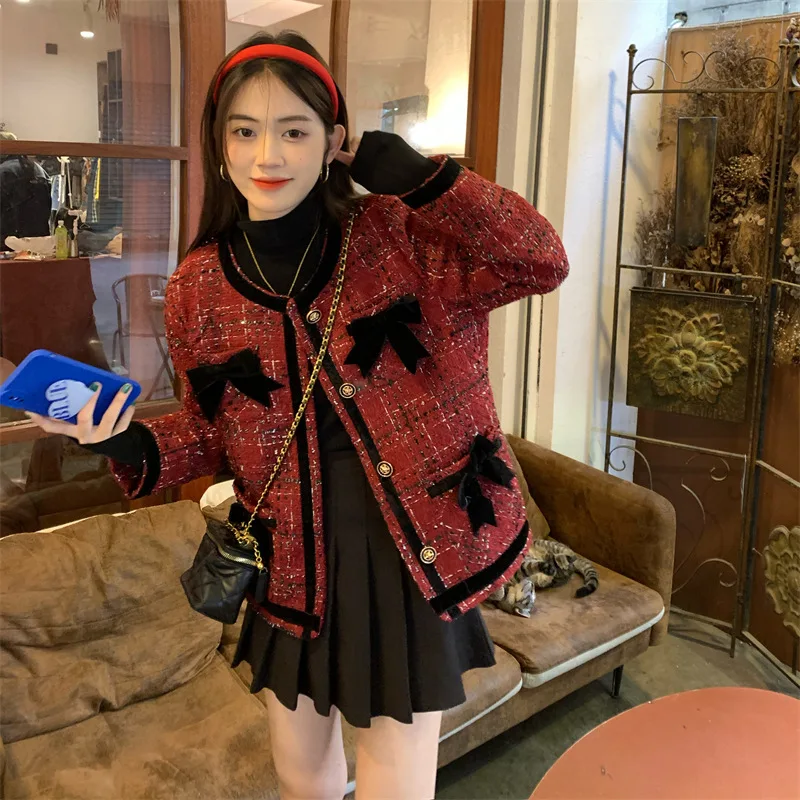 

Vintage High Quality Chic Elegant Jacket Ladies Bow Tie Red Tweed Suit Short Coat Runway Long Sleeve Wool Cashmere Outwear Tops
