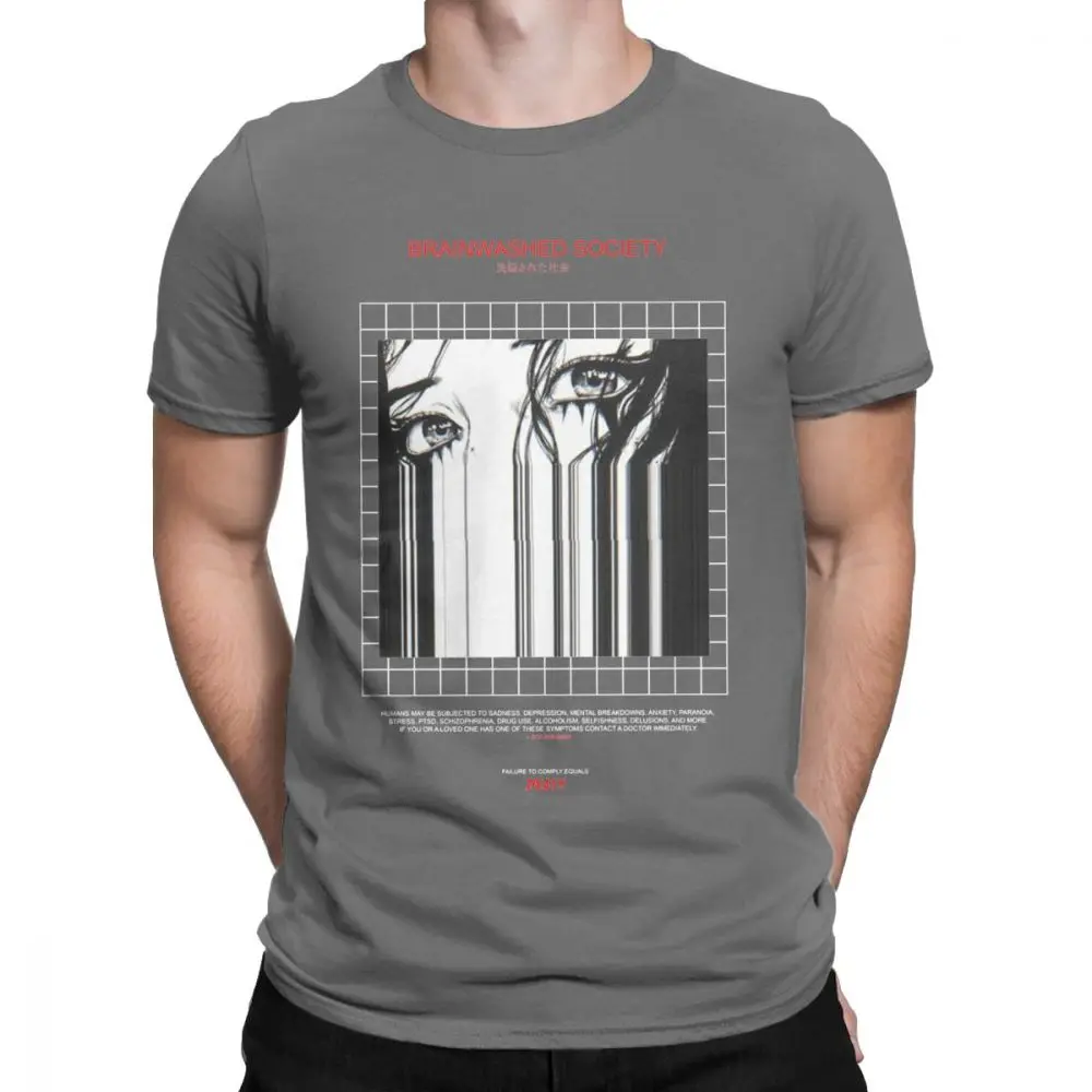 Brainwash society Harajuku футболка Мужская Аниме Vaporwave Япония гранж Sad хлопковая футболка футболки с коротким рукавом размера плюс Топы - Цвет: Темно-серый