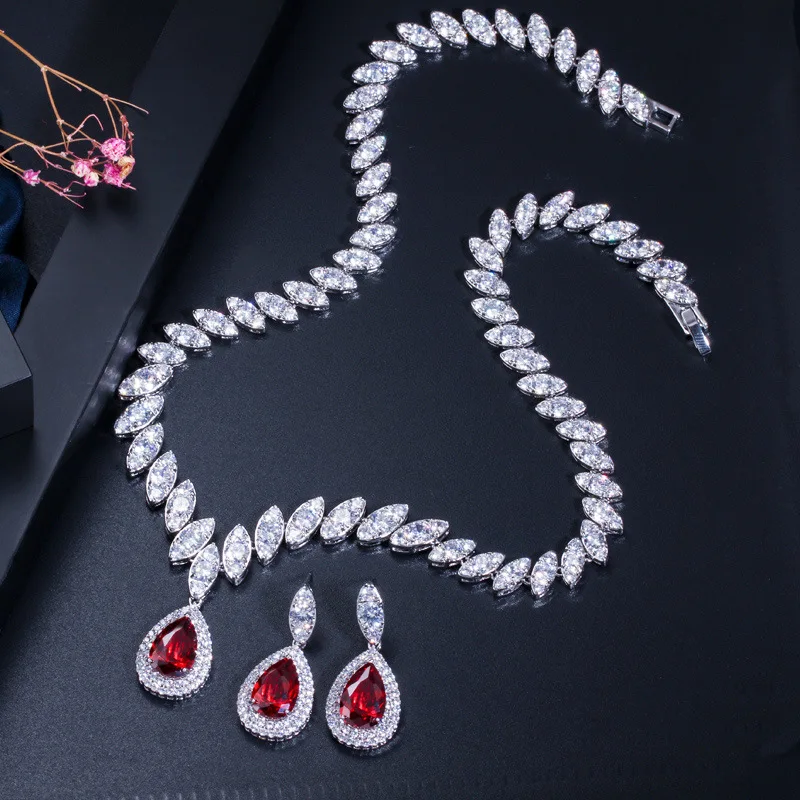 

Nigerian Big Water Drop Cubic Zirconia Setting Red Crystal Wedding Bridal Jewelry Sets Gifts for Bridesmaids