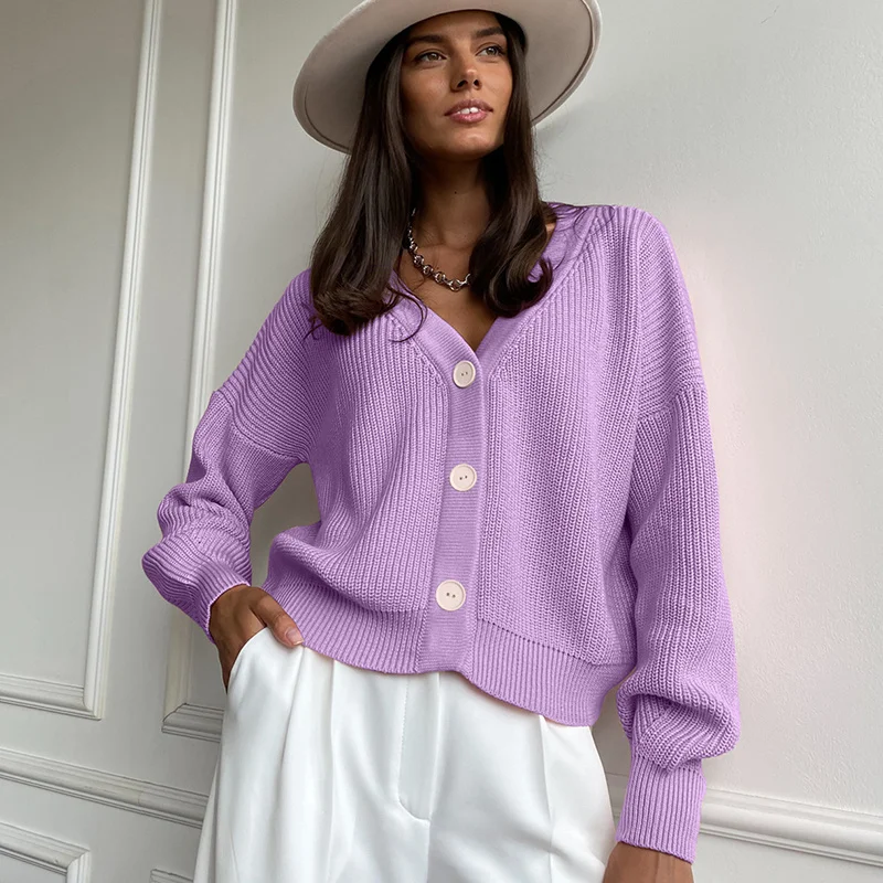 

Повседневный вязаный Свободный кардиган с V-образным вырезом, женские свитера на пуговицах с рукавами-фонариками, Женские базовые однотонн...