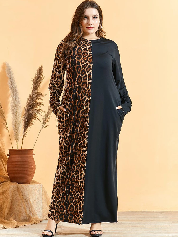 Siskakia макси платья Леопардовый принт пэтчворк с длинным рукавом Трикотажное