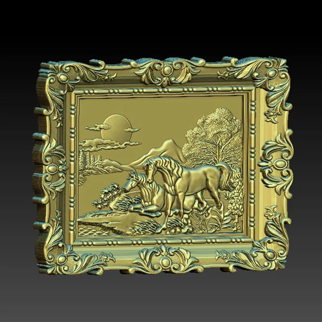 Модель STL рельеф для фрезерного станка с ЧПУ 3D-принтер Artcam Aspire -Two horses by the river Frame |