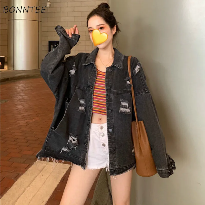 

Jackets Womens Vintage Denim Coats Loose Hole Pockets Retro Streetwear Korean Style New Fashion Bf Chic Outwear Basic Classic
