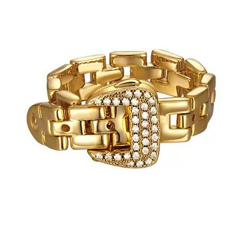 

Adjustable Belt Buckle Zircon Rings Detachable Metal Soft Chain Ring Luxury Statement Finger Rings for Women Men