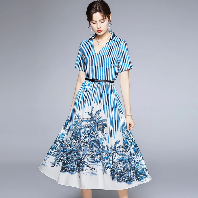 

Banulin High-Quality Women Clothing 2021 Summer Runway Sexy V-Neck Print Stripes Flowers Print Slim Midi Dress with Blet N77017