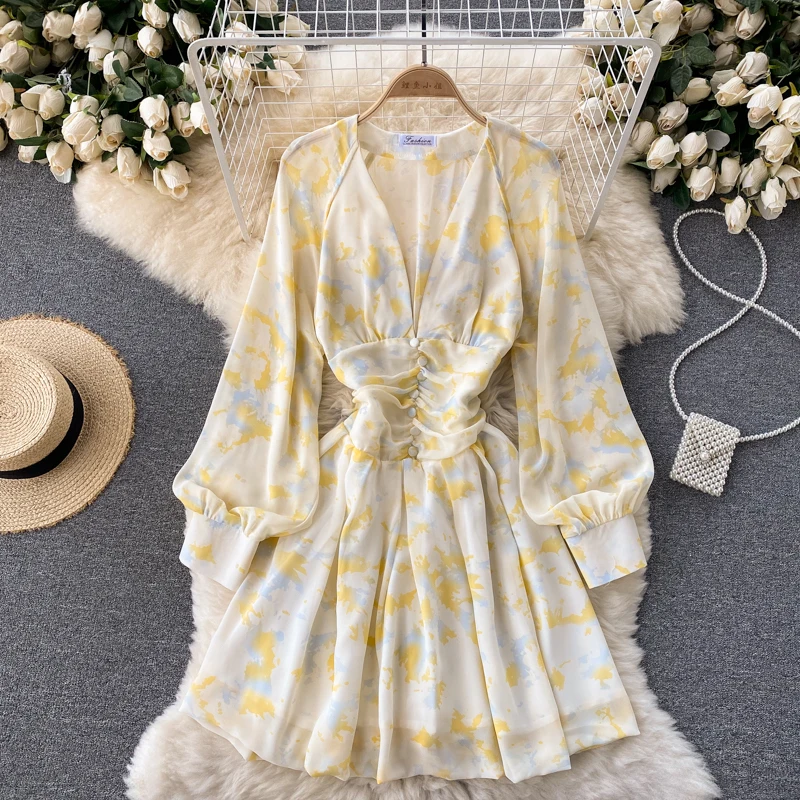 

Женское Короткое платье-трапеция A373, элегантное винтажное платье с глубоким V-образным вырезом, длинным рукавом и цветочным принтом, осень