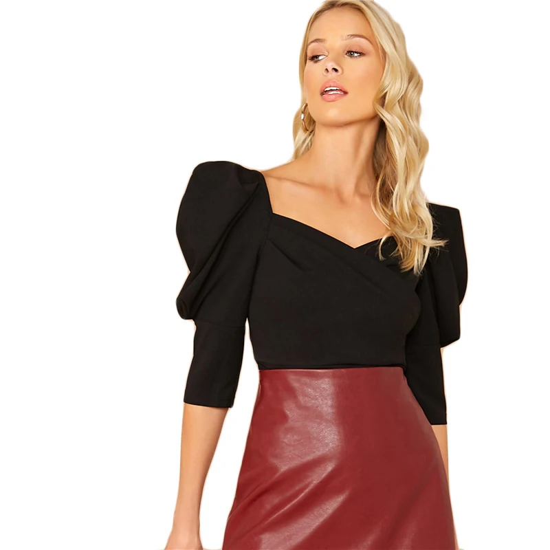 SHEIN/черная однотонная блузка с пышными рукавами и милым вырезом, Топ для женщин, весенне-осенние элегантные офисные платья, топы и блузки
