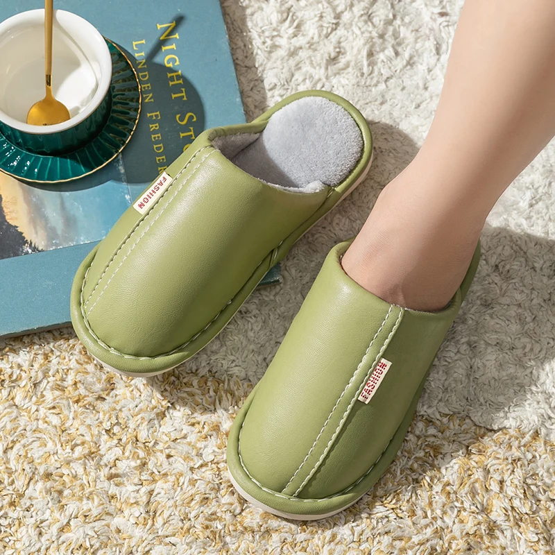 

Plush Home Slippers Autumn PU Waterproof Sewing Keep Warm Flats Men Women Spring Soft Comfort Interior Furry Shoes